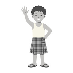 Young boy waving hand wearing a plaid skirt and white tank top isolated on white