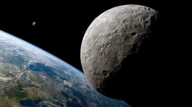 Massive cratered celestial body looming above earth's curved horizon in deep space with contrasted against distant smaller moon planet s blue green surface