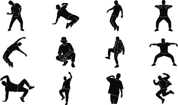 Hip Hop Dance Silhouette Collection with Street Dancer Poses, Freestyle Performance, Urban Choreography, and Breakdance Action Vector Illustration Set