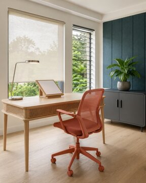 Home Office With Window Shades and Ergonomic Chair