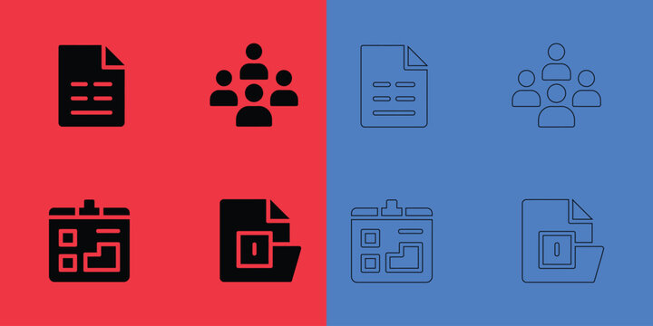 Document, user group, and identification card in solid black and outline styles on red and blue backgrounds