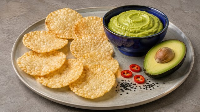 Rice Crackers With Whipped Avocado Dip and Fresh Avocado