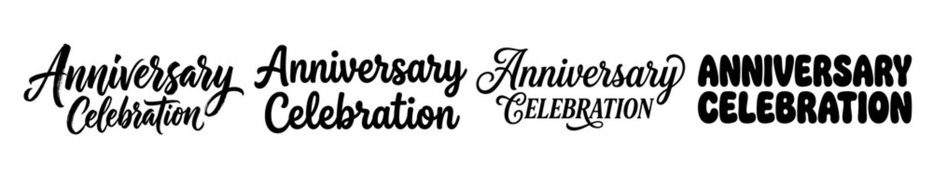 Anniversary celebration typography designs showcasing diverse calligraphic script styles and bold lettering arrangements for event cards presented on transparent background