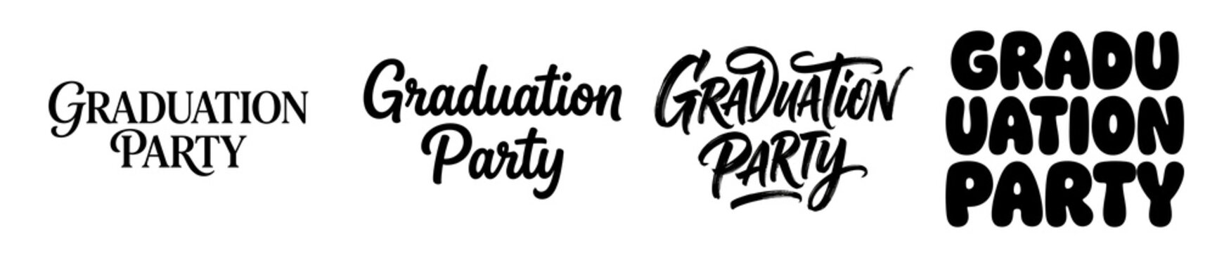 Graduation party typography collection featuring diverse lettering styles and creative fonts for celebration event graphic design projects on transparent background