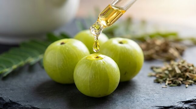 Fresh green amla berries with herbal oil pouring down on a dark stone surface for beauty treatment. amla oil
