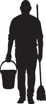 vector,  silhouette of front view of a portrait of man with a mop and bucket looking at camera