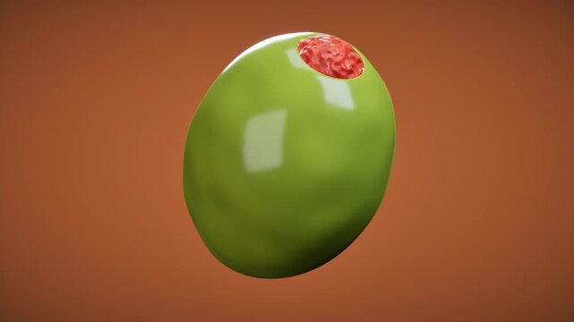 Green olive stuffed with red pimento on brown background. 3d rendering