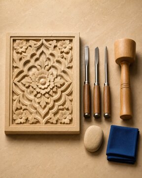 Stone Carving Tools With Finished Decorative Architectural Panel