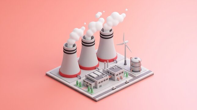 Three cooling towers of a nuclear energy plant emitting steam in an industrial zone. Isometric 3D model of a power station with wind turbine.