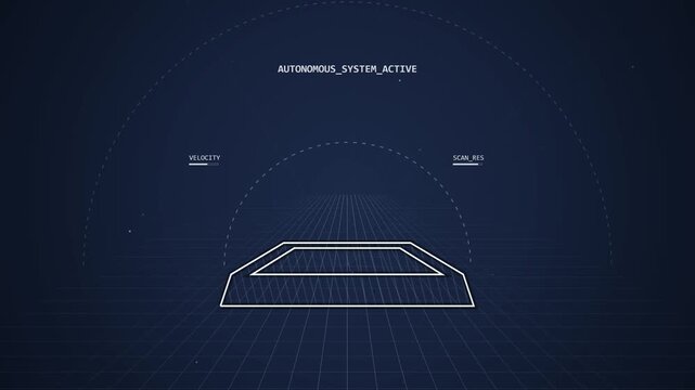 Futuristic autonomous driving interface with HUD scan grid overlay