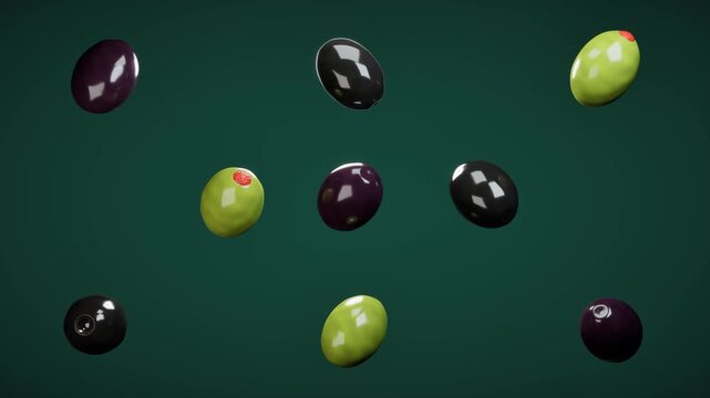 Floating assorted olives on dark green background. 3d rendering