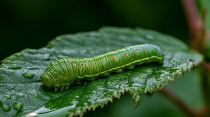 Obraz premium Close-up of a vibrant green caterpillar resting on a dewy green leaf against a blurred natural background in a serene garden environment