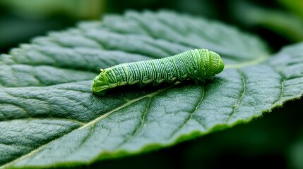 Fototapeta premium Close-up of a vibrant green caterpillar resting on a lush green leaf, showcasing intricate details and textures of both the insect and the foliage surrounding it