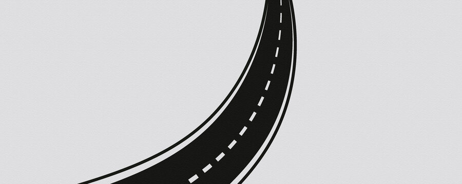 Curved asphalt road background with white lane markings on grey