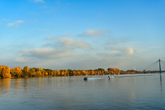 Water Skiing On Danube River In Vienna Autumn Landscape