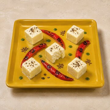 Paneer Cubes With Charred Red Chilies and Herb Oil