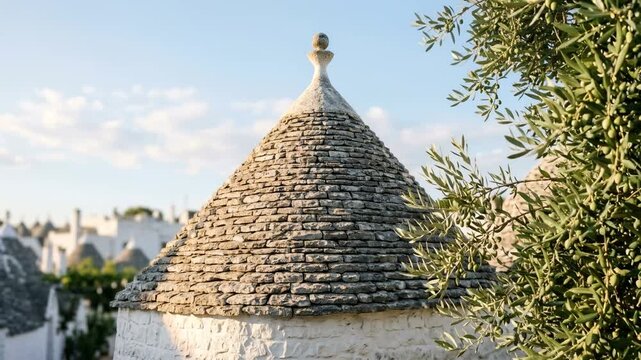 alberobello trulli houses close up at morning light with clouds and olive leaves apulia italy video