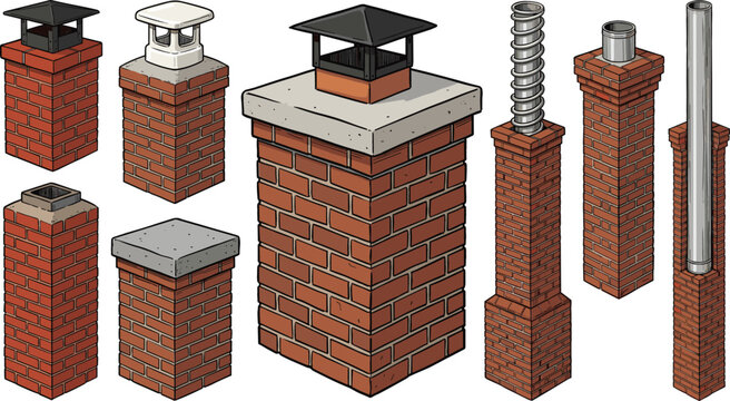 Red Brick Chimney Icon Set with Ventilation Pipes and Caps Vector Illustration for Architecture Construction and Home Heating System Designs
