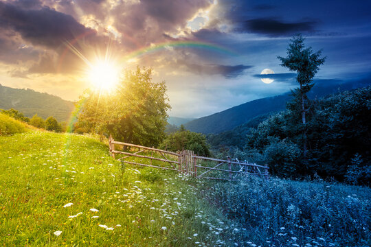 rural mountain landscape of ukraine at twilight. countryside scenery of transcarpathia in summer. night meet day concept. forested hills and grassy meadows under epic sky