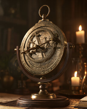 Antique brass astrolabe on wooden base with candles for celestial navigation study and educational room decor