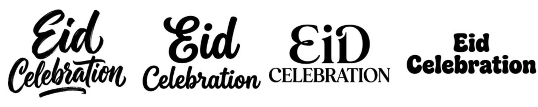 Four distinct typographic styles for Eid celebration greeting cards presented in black ink lettering and isolated display on transparent background