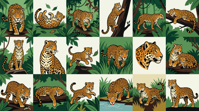 Cute leopard cubs in jungle grid illustration set with wild big cats sleeping, climbing, and playing