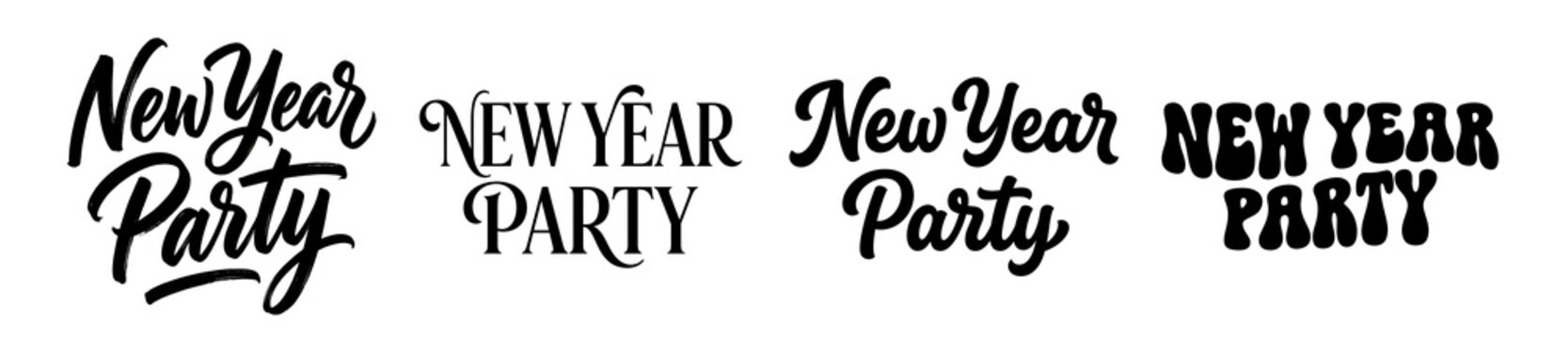 Festive new year party calligraphy collection featuring multiple elegant bold black typography styles arranged neatly for display on transparent background