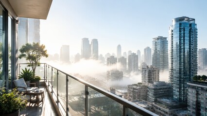 Fototapeta premium High-rise apartment balcony view overlooking a modern city skyline with glass skyscrapers emerging through layers of dense morning fog and urban greenery bathed in warm golden sunrise light