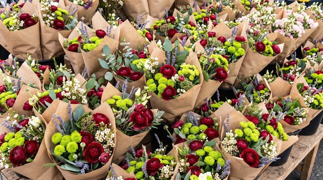 Bouquets of fresh flowers wrapped in craft paper displayed in flower market. Assortment of floral arrangements for sale.