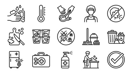 Obraz premium Corporate Food Safety and Hygiene Icons Set Black and White Line Art Illustrations for Guidelines and Protocols