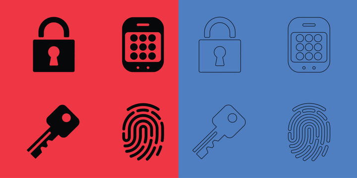 Security and authentication set featuring padlocks, keypads, keys, and fingerprint biometric symbols