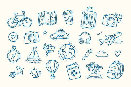 Travel and vacation hand drawn doodle icon set outline sketch vector illustration