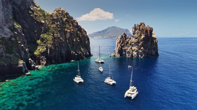Top view of catamaran fleet floating in calm azure bay near Basiluzzo rock island, Sicily, Italy. Beautiful coastal cliffs of Aeolian islands. Vacation and yachting in the Mediterranean Sea