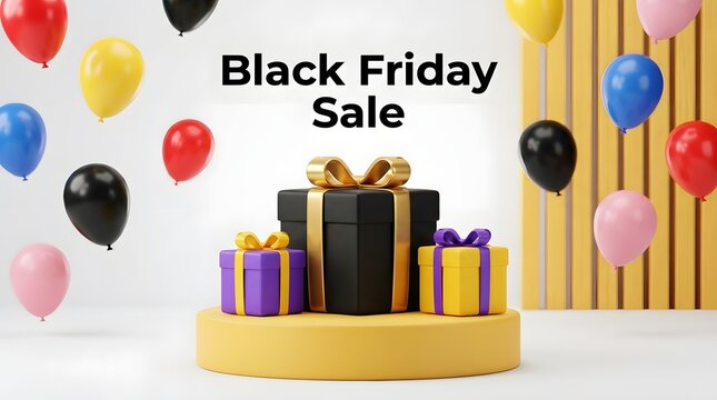 Festive black friday sale background with colorful balloons and gift boxes on a podium display