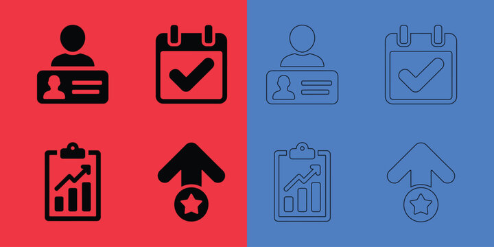 Set featuring user id, calendar, clipboard chart, and star arrow symbols in solid and outline