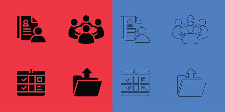 Set of business and office featuring user profiles, team meetings, task checklists, and file upload symbols