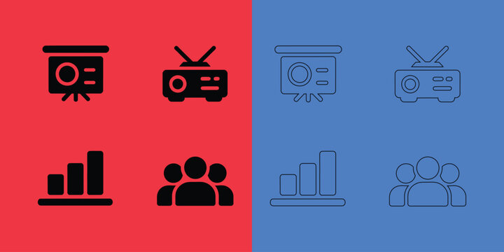 Set of business presentation and meeting in solid and outline styles on red and blue backgrounds