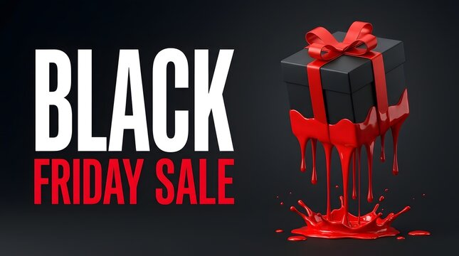 Black friday sale promotional banner featuring a dark gift box with a red ribbon bow