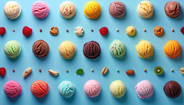 Colorful pattern of assorted ice cream scoops on blue background