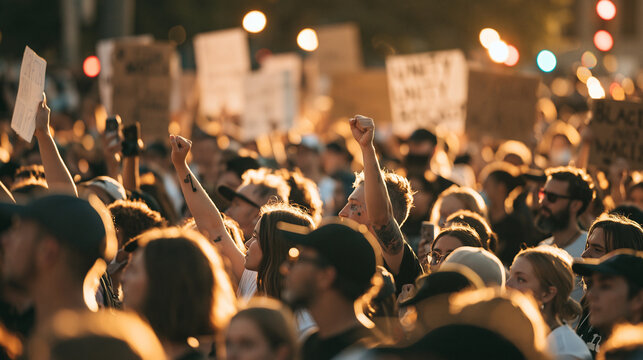 Peaceful protest crowd with signs showing unity and solidarity for social justice and equality in a city rally