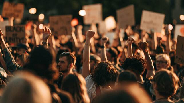 Peaceful protest crowd standing together for equality and human rights with signs and slogans at an outdoor demonstration