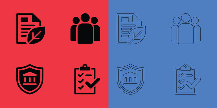 Set of esg and corporate governance in solid black and outline styles on red and blue split background