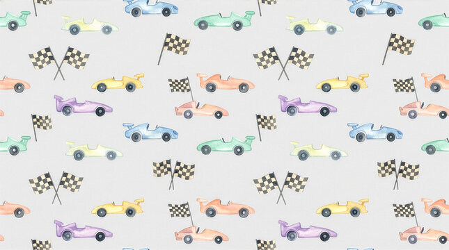 Watercolor pattern of tiny race cars and checkered flags on light gray background, racing nursery illustration