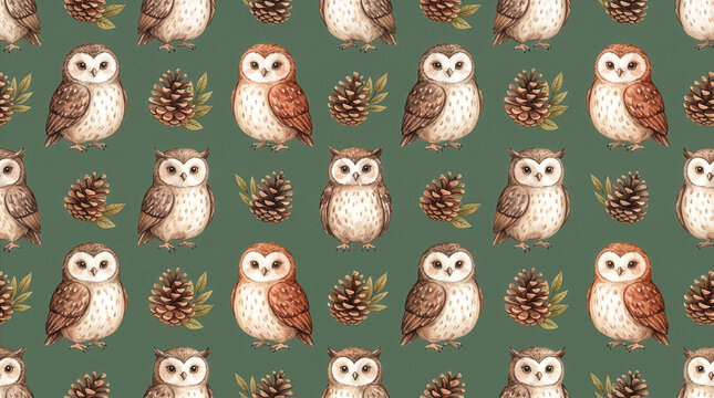Watercolor pattern of cute owls and pinecones on muted forest green background, woodland nursery illustration