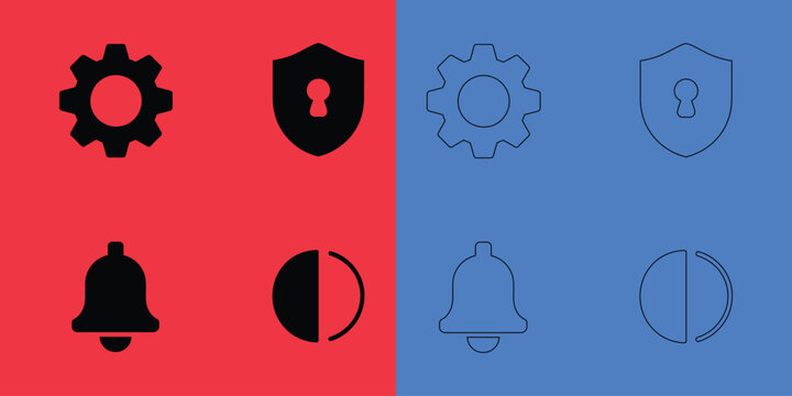 Set of eight security and settings in solid black and outline styles on red and blue split background