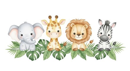 Obraz premium Cute Watercolor Safari Baby Animals Collection with Elephant Giraffe Lion and Zebra for Nursery Decor and Kids Design