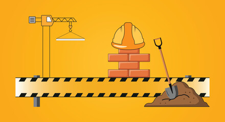 Construction site concept with safety helmet and shovel on ground, construction © Md