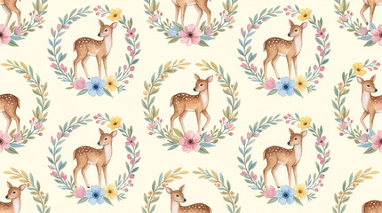 Obraz premium Watercolor pattern of cute deer and floral wreaths on cream background, woodland botanical illustration