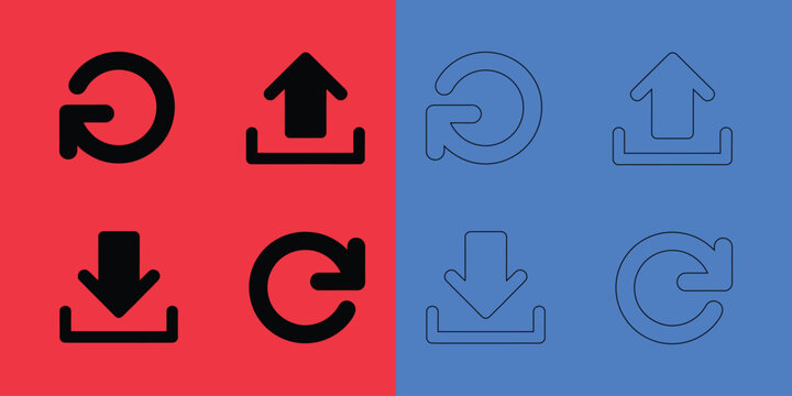 Set of refresh, upload, download, and reload in solid black and outline styles on red and blue split background