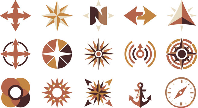 Set of vintage nautical compass icons and maritime navigation symbols isolated on a clean white background